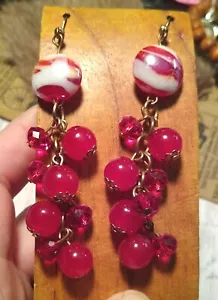 Cherry Red MURANO Glass Cluster Dangle Bead Earrings, Beautiful, Pre-owned! - Picture 1 of 10