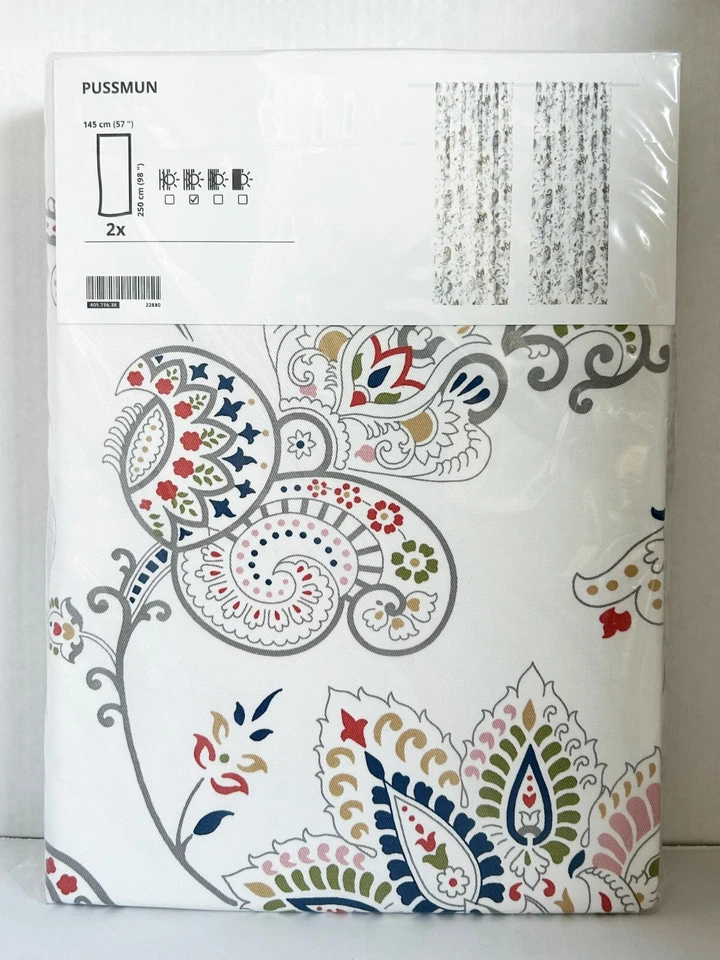 Ikea PUSSMUN Curtains 57x98 " 1 pair white/multicolor paisley 405.736.38 -