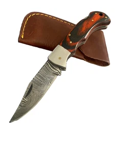 KLAPPMESSER SALE Damast Orange Blau Wirbel Farbig Holz Folder mit Scheide - Bild 1 von 4