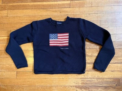 VINTAGE Ralph Lauren American Flag Sweater Roll Neck Youth L 12/14 Blue 90s - Image 1 of 4