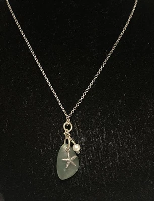 "Collar 925 SS 18"" con cristal verde mar, perla sintética y colgante de estrellas de mar 4,1 G" Foto 1 de 4