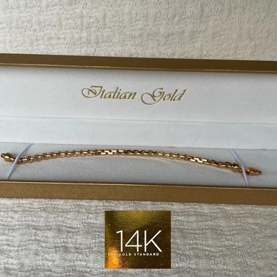 14K Italian Yellow Gold Round Box Link Chain Bracelet 6-3/4 inch, 9.5 grams-NWT! - Image 1 of 4