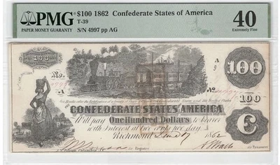 T-39 1862 $100 Confederate States Civil War SAVANNAH Banknote Currency, PMG 40 - Image 1 of 4