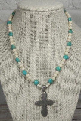 Howlite Silver Cross Beaded Necklace Handmade Stretch Boho White Turquoise New - Image 1 of 3