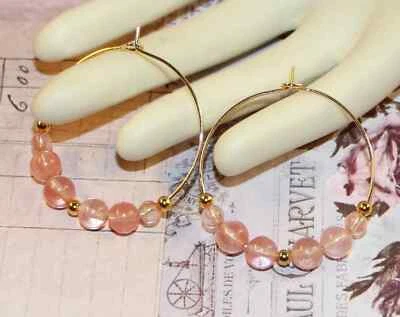 Cherry  Quartz, Gemstone Earrings, 18K Gold Plated Hoops and Beads (gem17) - Image 1 of 2