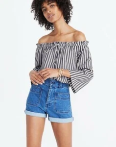 Top Madewell Azul Brillante Rayas Fuera del Hombro Talla S Para Mujer Con Botones - Imagen 1 de 7