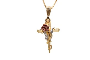 Cruz con Rosa Medalla y Cadena Oro Laminado Nuevo Crucifijo - Bild 1 von 3