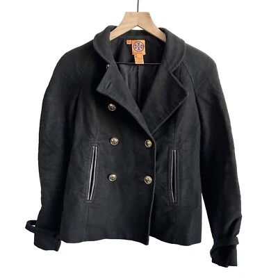 Chaqueta Militar Tory Burch Doble Pecho Hebilla Acento Cuero Borde Negra 2 Foto 1 de 4