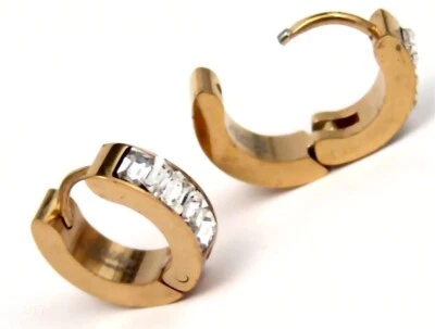 Pendientes Huggie Oro Amarillo PVD Hipoalergénico Acero Quirúrgico Baguettes Transparentes Foto 1 de 3