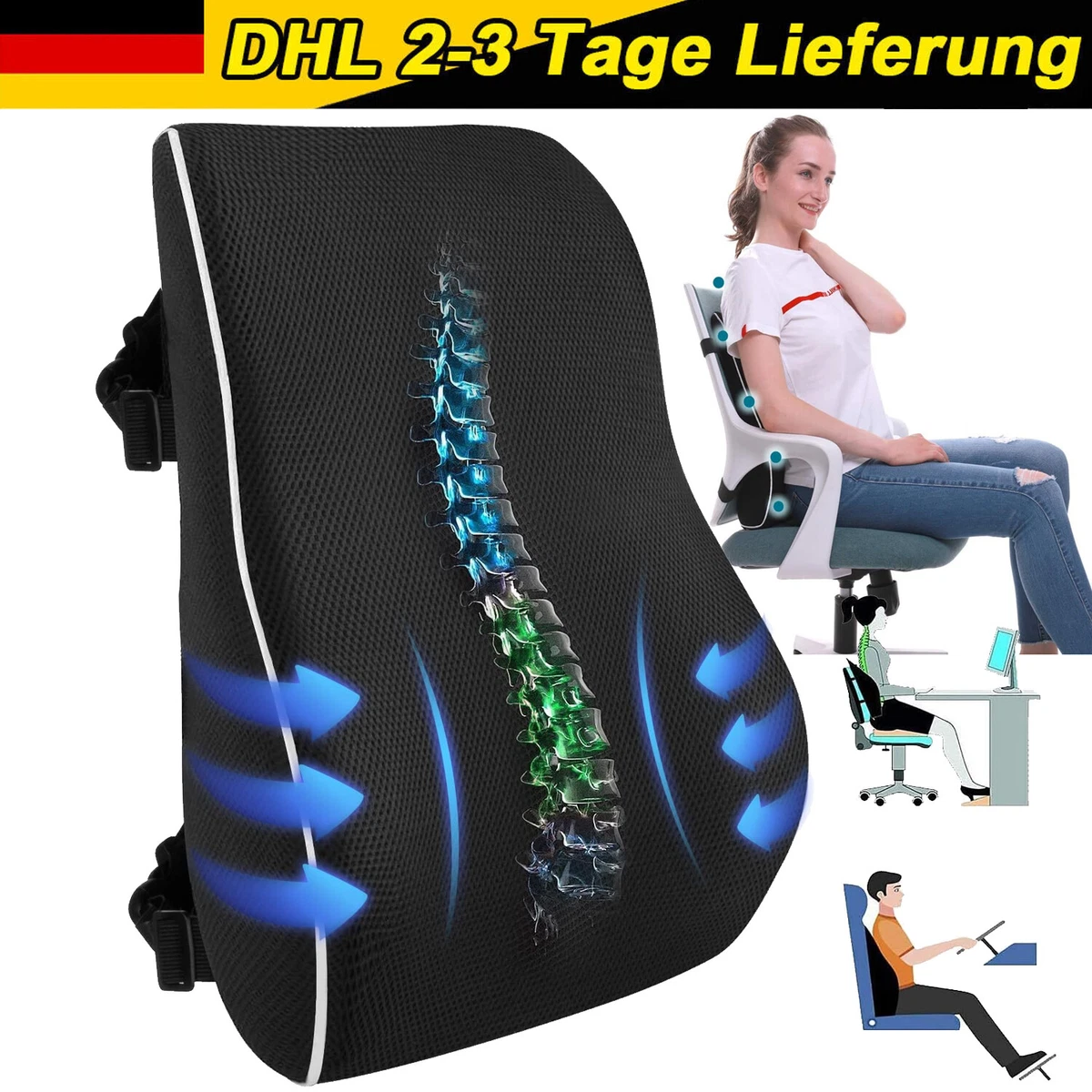 SNUGL Lendenstützkissen Aus Memory Foam – Für Bürostuhl & Auto, Dunkelgrau