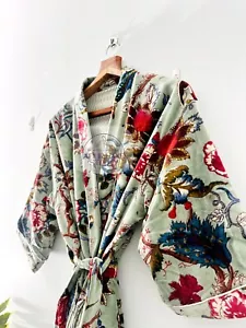 Floral print velvet long jacket | Long sleeve velvet robe | Party wear robes . - Picture 1 of 9