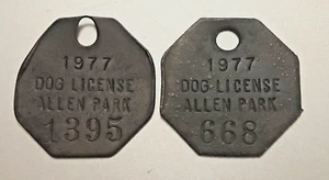 Pair of Two 1977 Dog License Tags: ALLEN PARK MICHIGAN, Just South of Detroit - Picture 1 of 1