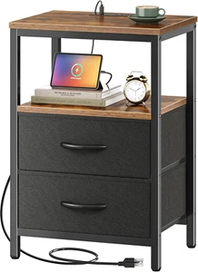 Rustic Brown/Black Nightstand, Charging Station, USB Ports, Drawers & Open Shelf - Picture 1 of 12