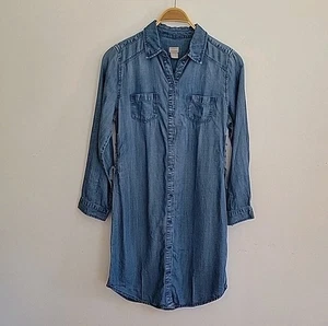 Chicos Long Sleeve Button Up Chambray Shirt Dress 4 Side Tie Casual Classic - Picture 1 of 9