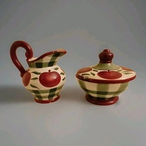 Young's Exclusive Country Red Apples and Green Plaid Creamer and Sugar Set 1999 - Picture 1 of 10