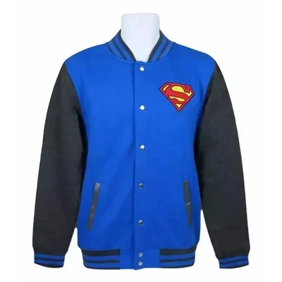 Chaqueta Universitaria DC Comics Superman Azul/Negro Lana Solo Abrigo Estilo Bombardero Foto 1 de 3
