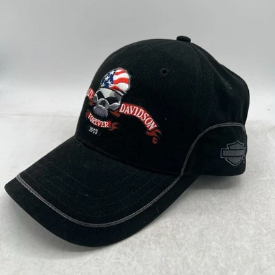 Harley-Davidson Hat Adjustable Hook Loop Baseball Cap Black Biker Skull Flag - Image 1 of 4