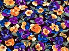 Fabric Flowers Pansies Brightly on Black Kaufman Cotton 1/4 Yd 21172-2