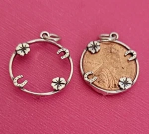 Sterling Silver Lucky Penny Coin Holder Horseshoe Clover Flower Charm 925 USA - Picture 1 of 6