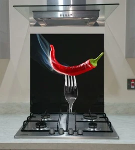 Splashback Toughened Glass Unique Panel Kitchen Red Chilli on Black Any Sizes - Picture 1 of 3