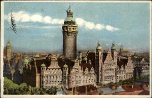 Leipzig Sachsen alte Color Postkarte 1946 gelaufen Partie am Neuen Rathaus Turm - Bild 1 von 1