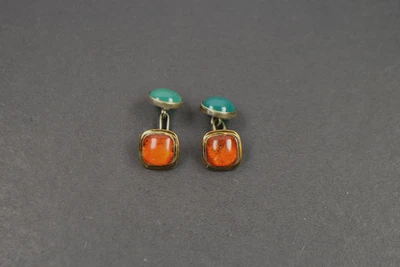 antike Manschettenknöpfe Silber 835 teilverg., Bernsteine u. grüne Achate um1920 - Bild 1 von 4