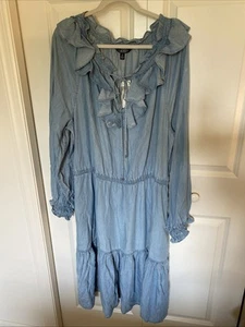 VESTIDO LAUREN RALPH LAUREN DENIM CAMBRAY BLUSA CON VOLANTES TALLA 18 WESTERN BOHO NUEVO CON ETIQUETAS - Imagen 1 de 10
