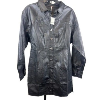NUEVO CON ETIQUETAS Free People Camisa de Vestido Negra Imitación Cuero Botón Delantero Talla 12 $168 Foto 1 de 4