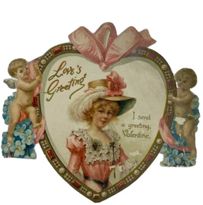 Valentine Victorian Die Cut Greeting Card Girl Hat Feather Cupids Cherubs - Picture 1 of 2