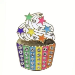 Pretty Gemmed Cupcake Enamel Pin - Rainbow Stripe Multicolor - Gems Stars Cute - Picture 1 of 6
