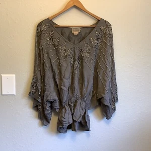 Boyod Gray Edwardian Art Deco Beaded Peplum Batwing Glamour Blouse Womens Size M - Picture 1 of 6