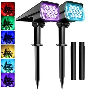 2Pack Solar RGB Color Change Spotlights Outdoor Garden Pathway Lawn Wall Lamps - Picture 1 of 11