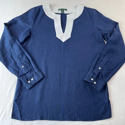 Camisa Top Túnica Lauren Ralph Lauren Vintage Azul y Blanco Lino Para Mujer Talla Mediana Foto 1 de 4