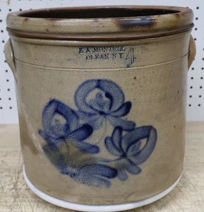 E. A. Montell Olean, NY New York Steinzeug 4 Gallonen Topf mit Blumen & Riss USA - Bild 1 von 20