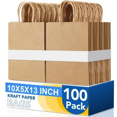 100 Piezas Bolsas de Papel Kraft con Asas Fiesta Compras Navidad Bolsas de Regalo a Granel Foto 1 de 4