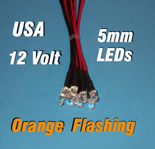 10 FLASHING LEDS 5mm PRE WIRED 12 VOLT ORANGE 12V BLINK - Image 1 of 1