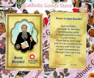 St. Saint Benedict with Prayer - Relic Paperstock Holy Card - Picture 1 of 3