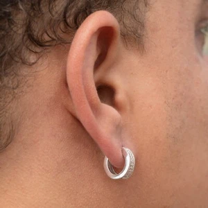 Small Size Mens White Gold Plated 925 Sterling Silver CZ Hoop Earrings - Picture 1 of 5