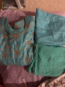 Pakistani Party 3 Piece Pure Silk Suit Turquoise Bust Size50 Inches 1-time Use - Picture 1 of 3