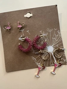 Earrings Set Of 3 Pink Hoops Margaritas Flamingo Earrings - Picture 1 of 3