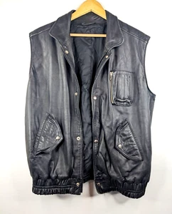 Vintage 80s Black Genuine Leather Biker Punk Rock Grunge Vest Size M Casual - Picture 1 of 8