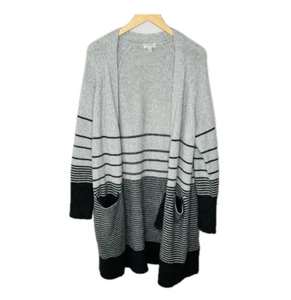 Lucky Brand Stripe Duster Cardigan Womens L Gray Open Front Long Sleeve Pockets - Picture 1 of 7