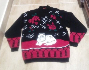 Vintage 80er Damen Spunky sitzende Katze Strick Pullover Rollkragen Mehrfarbig Gr. M - Bild 1 von 7
