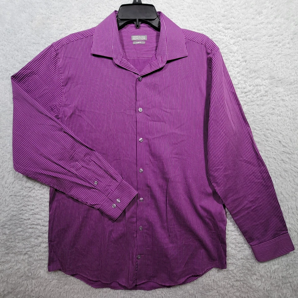 Kenneth Cole 反应衬衫男式中号 32/33 紫色条纹修身版型 — 第 1/4 张图片