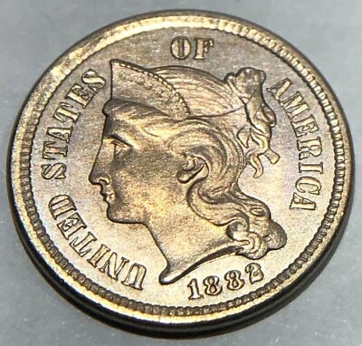 1882 Nickel 3 Cent Piece, Nice Mint Example  * - Image 1 of 4
