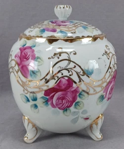 Nippon Hand Painted Light & Dark Pink Roses & Gold Scrollwork Biscuit Jar - Picture 1 of 10