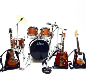 Miniature Drum Set Brown Rock 3 Guitars Strap Mic 1/12 Musical Display Gift - Picture 1 of 5