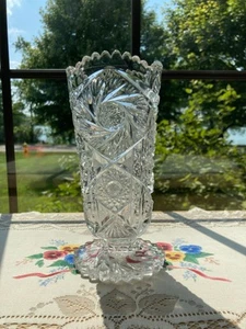 American Brilliant Cut Glass Star Pinwheel Hobstar Vase 7.25" Tall - Picture 1 of 5