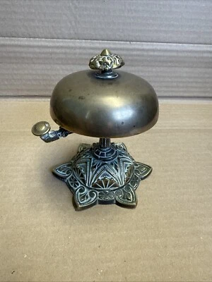 ANTIQUE VINTAGE SOLID BRASS HOTEL LOBBY Reception COUNTER FINGER TAP Hand  BELL - Image 1 of 4