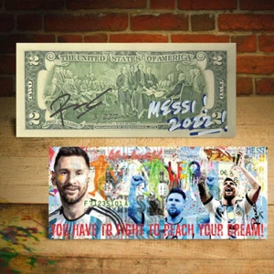 LIONEL MESSI Soccer Art Genuine $2 Bill Signed by Rency Messi - Numbered of 222 - Picture 1 of 3
